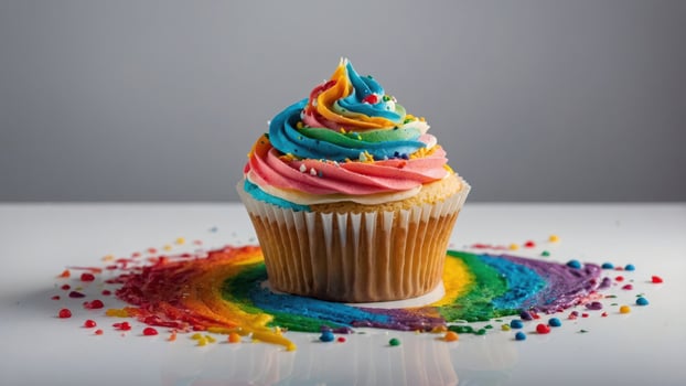 A vibrant cupcake with colorful frosting and sprinkles, surrounded by a rainbow of icing. photo
