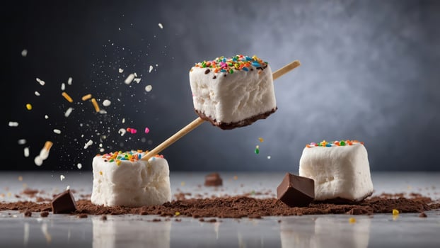 A playful arrangement of marshmallows with chocolate and sprinkles, showcasing a fun dessert. photo