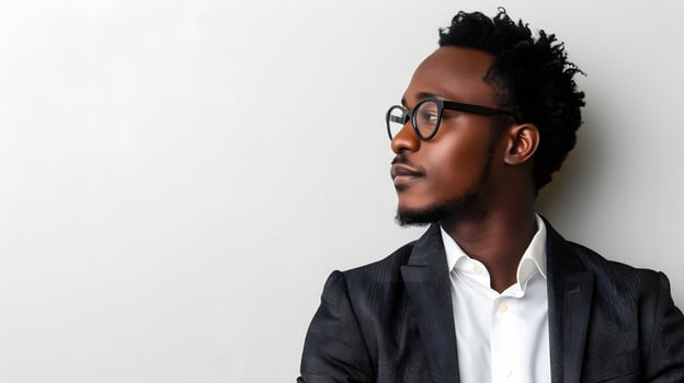 A man in glasses and a suit leans against wall at a formal event photo