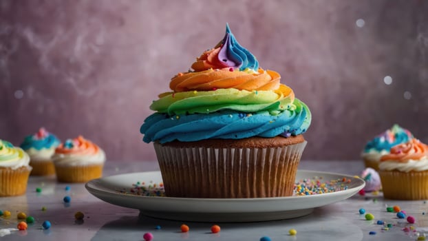 A colorful cupcake with rainbow frosting and sprinkles on a plate, surrounded by more cupcakes. photo