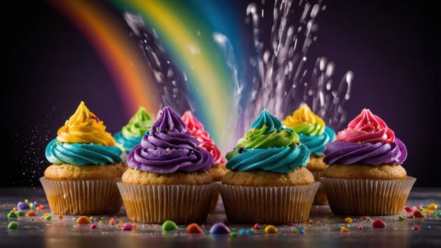 Colorful cupcakes with vibrant frosting and a rainbow in the background. photo