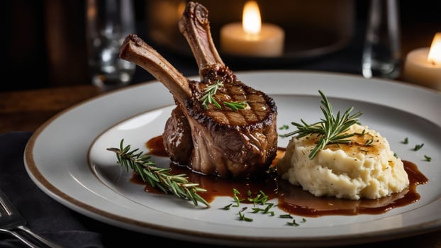 A gourmet plate featuring lamb chops with mashed potatoes and garnished with herbs. photo