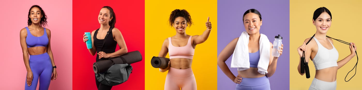 Five women of diverse backgrounds pose in vibrant activewear, holding fitness gear and accessories. The colorful backgrounds enhance their enthusiasm for health and exercise. photo