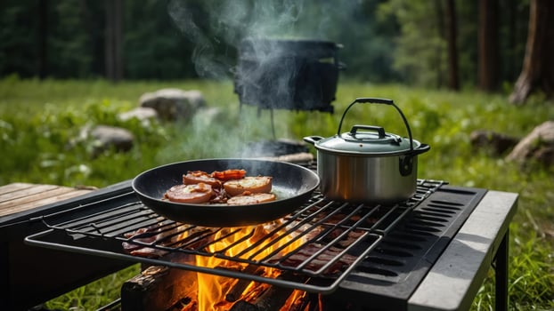 A campsite cooking scene with bacon frying and a pot boiling over an open fire. photo