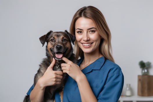 Smiling Female Veterinarian with a Cheerful Dog Giving a Thumbs Up for Excellent Pet Care photo