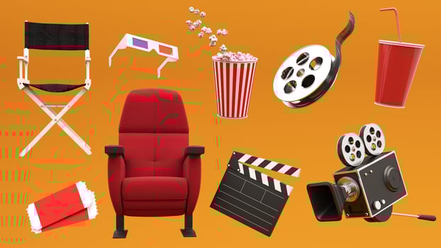 3D render of film industry elements - camera, tickets, popcorn, cinema chair. Background for advertising cinema, online viewing, broadcasts. photo