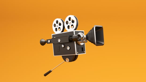 3D render of film industry elements - camera. Background for advertising cinema, online viewing, broadcasts. photo