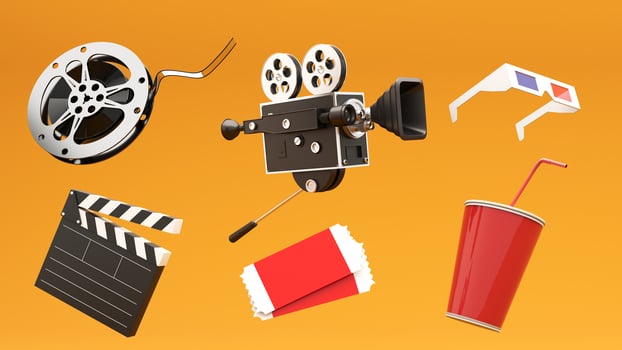 3D render of film industry elements - camera, tickets, popcorn, cinema chair. photo