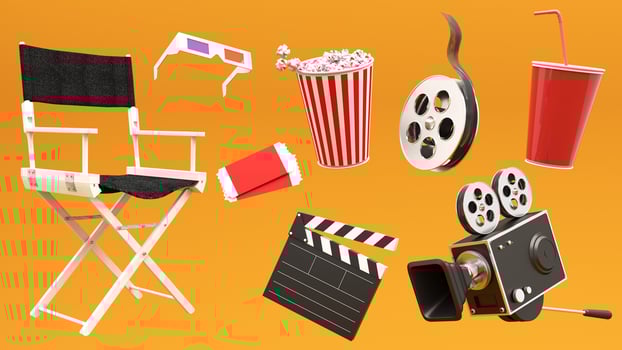 3D render of film industry elements - camera, tickets, popcorn, cinema chair. photo