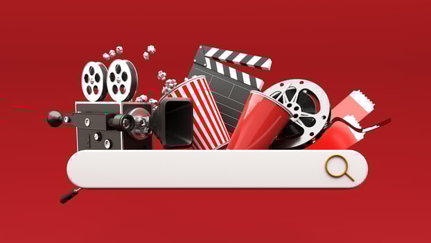3D render of film industry elements - camera, tickets, popcorn, cinema chair. photo