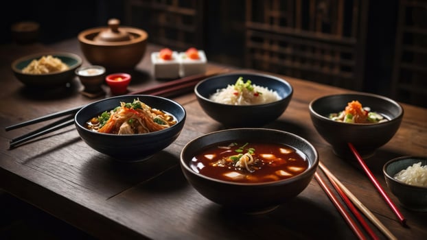 A beautifully arranged Asian meal featuring various dishes and rice on a wooden table. photo