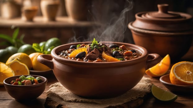 A steaming bowl of hearty stew surrounded by fresh citrus fruits and a rustic setting. photo