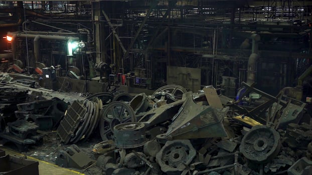 Industrial Wasteland A Scene of Various Abandoned Machinery, Equipment, and Debris. Stock Clip photo