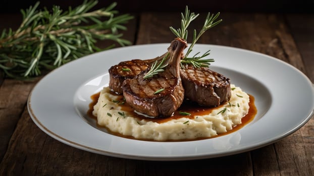 A gourmet dish featuring grilled lamb chops served on creamy mashed potatoes with herbs. photo