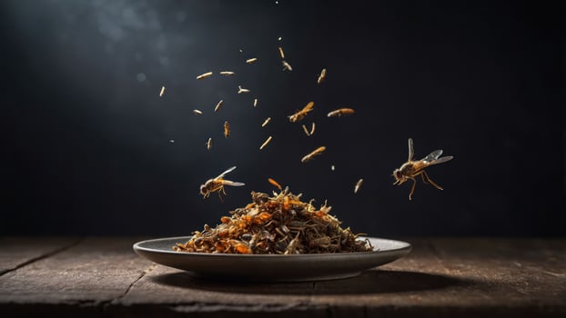 A plate of food with insects, showcasing edible insects as a protein source. photo