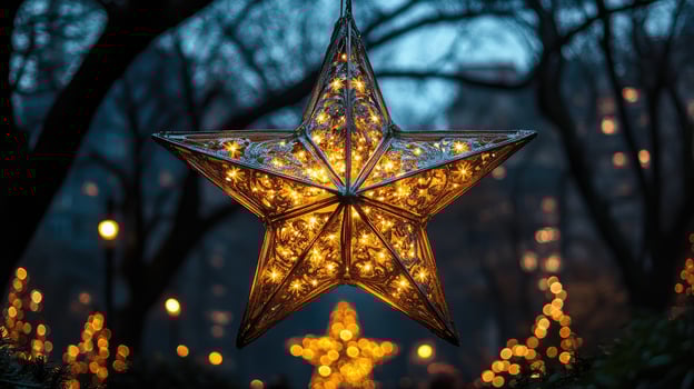 Illuminated christmas star hanging outdoors creating festive atmosphere photo