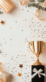 Celebratory trophy with golden stars and festive decorations on a light background photo