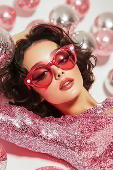 A stylish woman in pink attire poses with sunglasses among shiny disco balls photo