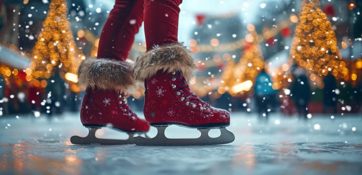 Red ice skate on frozen surface with festive lights in the background during winter holiday season photo