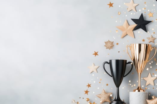 Golden trophy surrounded by flowers and fairy lights for celebratory event at night photo