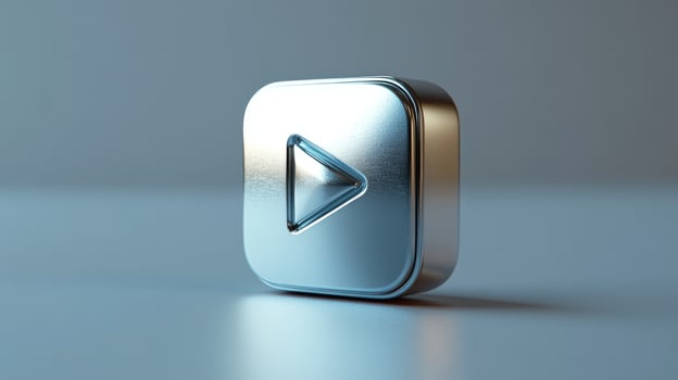 Metallic play button shining on reflective surface symbolizing online streaming photo