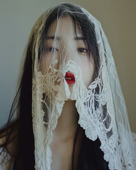 Asian Woman Draped in Lace Veil, Delicate and Ethereal Portrait photo