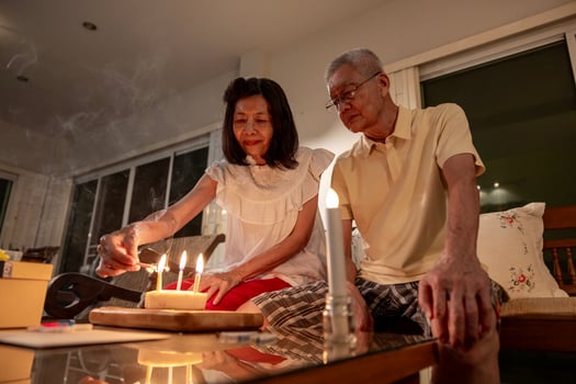 Senior asian couple is happily celebrate their birthday together at home for love, relationship, bonding, longevity and marriage concept photo