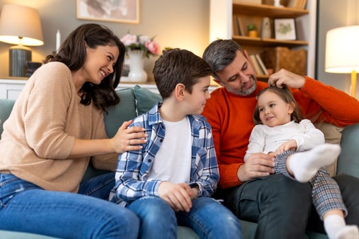 A family sitting on a couch together photo