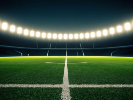 Night Stadium Soccer Field Green Grass Lights Empty. photo