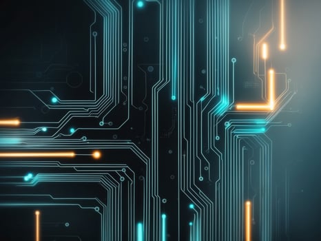 abstract glowing circuit technology advance lines and dots on dark background. photo