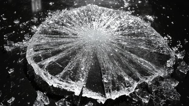 Fragments of glass lay scattered, creating an artistic display of reflections and shapes photo