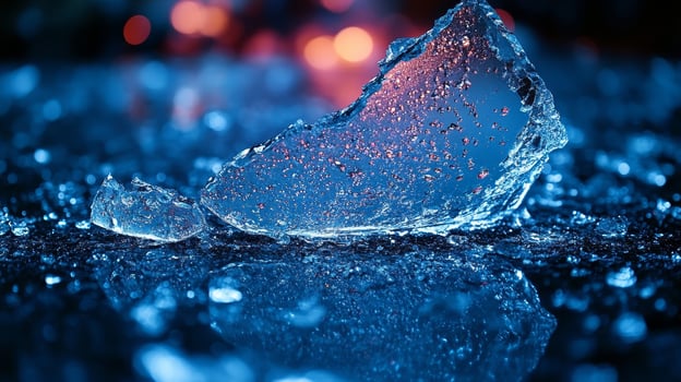 A stunning ice shard glimmers on a reflective surface, lit by soft blue tones and twinkling lights photo