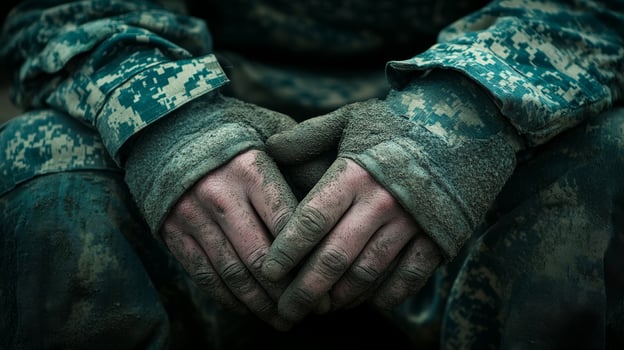 Worn hands clasped show the weight of service, capturing a reflective moment in nature photo
