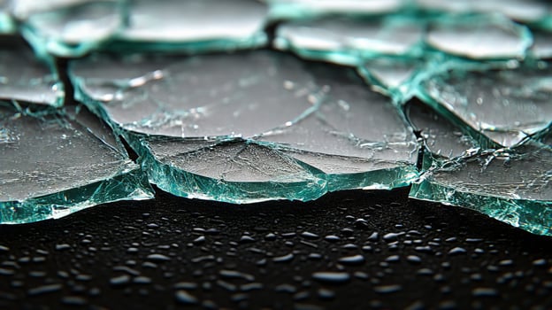 Tiny droplets of water rest on sharp shards of broken glass, reflecting light elegantly photo