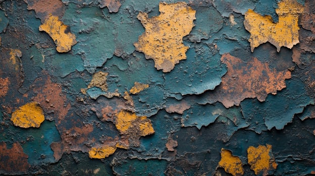 Vivid colors of blue, orange, and yellow emerge from a beautifully aged surface full of character photo