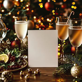 Blank Christmas card surrounded by cocktail glasses chic holiday ambiance photo