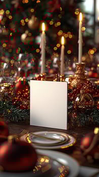 Blank Christmas card surrounded by a holiday table centerpiece elegant dining decor photo