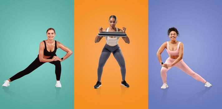 Three women perform various fitness activities against bright backgrounds. They show different exercises, showcasing strength, flexibility, and enthusiasm for a healthy lifestyle. photo