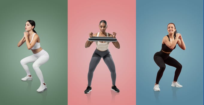 Three women demonstrate different squat variations in a vibrant studio, showcasing strength and fitness. Each athlete wears unique workout attire and maintains proper form for effectiveness. photo
