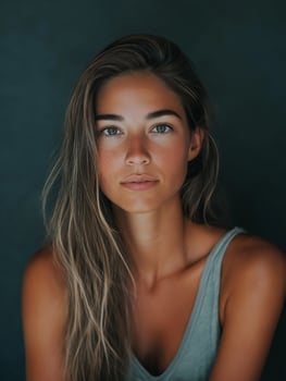 Portrait of confident young woman with long hair posing on dark background photo