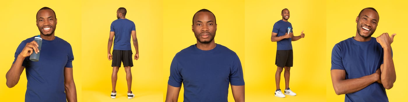 African American man stands confidently in various poses against a vibrant yellow background. He smiles and showcases relaxation, holding a beverage, reflecting a joyful mood and athletic vibe. photo