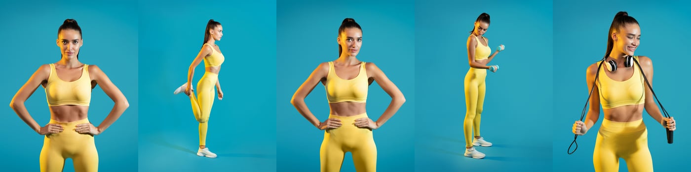 A woman dressed in a bright yellow workout outfit demonstrates various fitness poses against a vibrant blue background. She showcases strength and flexibility through different movements. photo