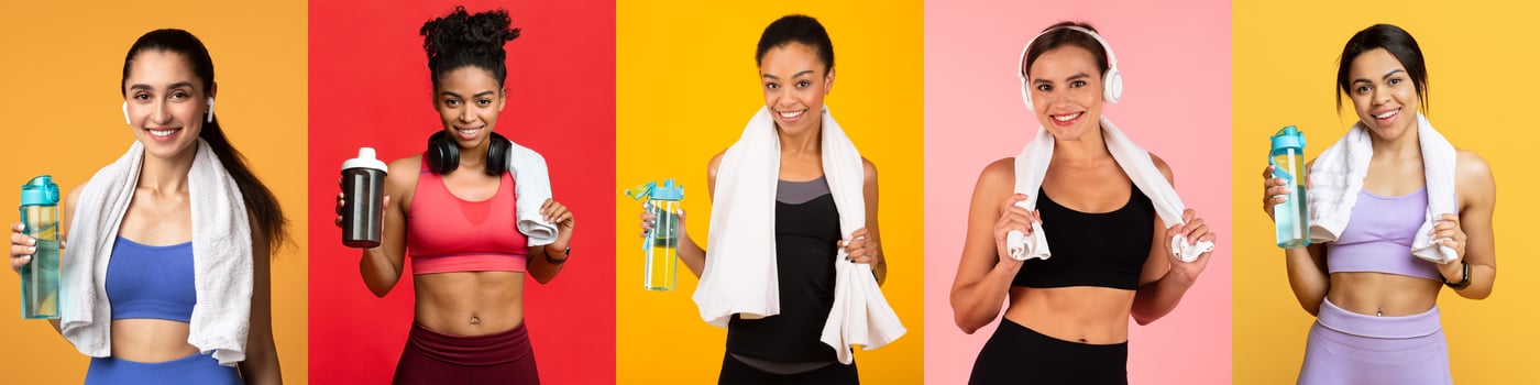 A diverse group of five women, dressed in colorful activewear, smiles while holding water bottles. They display their commitment to fitness against bright, lively backgrounds. photo