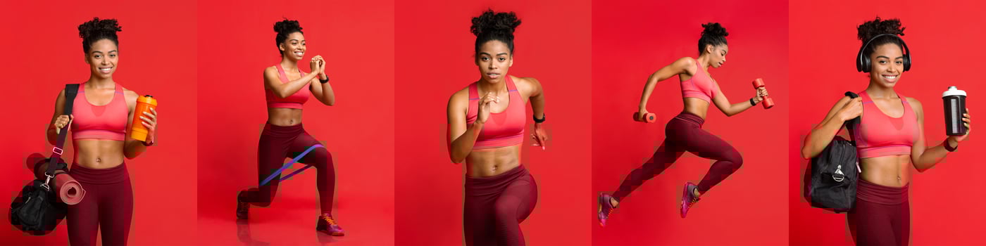 Black woman performs different exercises, including running and using resistance bands, showcasing her dedication to fitness. She holds sports drinks and wears workout gear, exuding energy. photo