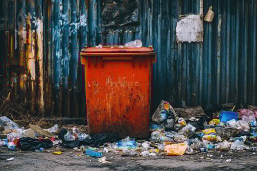 Red trash can overflowing with garbage. photo