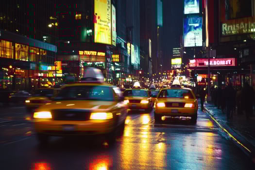 A busy street in New York City at night, with yellow cabs and bright lights. photo