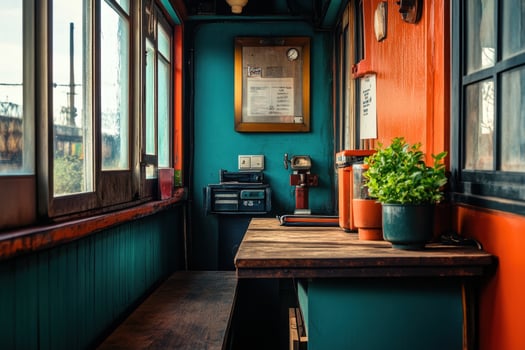 A small, colorful cafe with wooden bench, table, and window. photo