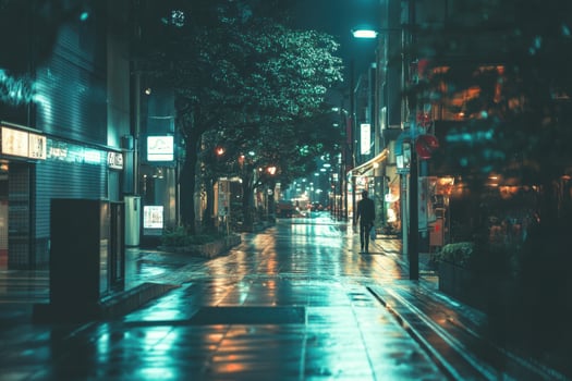A lone figure walks down a wet city street at night, illuminated by streetlights and neon signs. photo