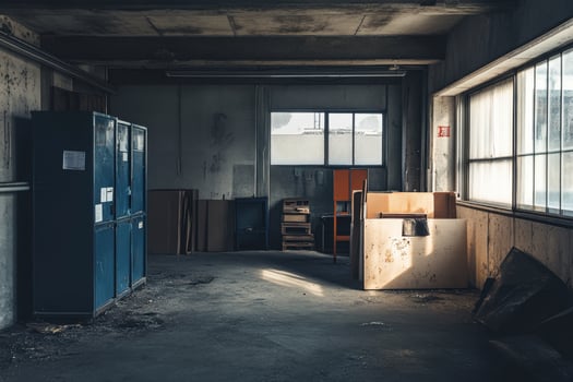 Abandoned industrial workspace with a blue cabinet, wooden workbenches and two windows. photo