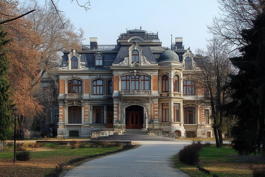 An elegant mansion with a long driveway leading to its grand entrance. photo